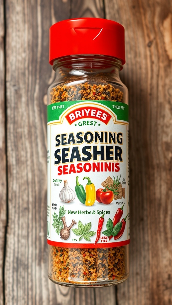 A colorful seasoning label design with herbs and spices illustrations on a rustic wooden background.